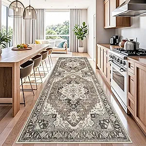 Washable Kitchen Runner Rug 4x12 - Low Pile Soft Rugs for Hallway Entryway Wide Vintage Stain Resistant Carpet with Non-Slip Rubber Backing Thin Indoor Floor Mat for Living Room Bedroom (Beige,4x12)