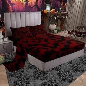 Happy Halloween Bed Sheet Set Twin Size,Kids Black Bats Animal Print Silhouette Sheet Set Room Decor,Happy Holiday Gothic Style Red Bedding Set for Boys Teens,(1 Fitted + 1 Flat + 1 Pillowcase)