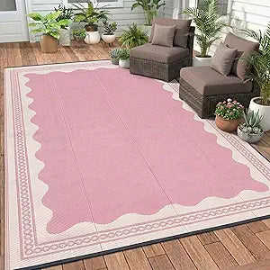 Dunzy Scalloped Outdoor Patio Rug, 5 x 8 ft Non-Slip Plastic Straw Scalloped Carpet Waterproof Indoor Outdoor Area Mat for Outside Rv Camping Deck Pool Beach Porch Backyard(Pink)