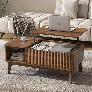 LYNCOHOME Fluted Lift Top Coffee Table with Storage, Modern Coffee Table for Living Room, Home OfficeWalnut