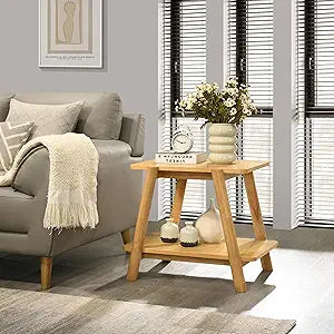 Roundhill Furniture Metz Mid-Century Modern Wood Shelf End Table, Natural Oak Finish