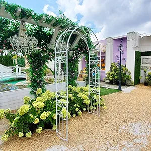 SCENDOR White Wedding Arch Garden Arbor Curved Metal Archway with Elegant Curve for Climbing Plants Roses Vines Garden Lawn Backyard Patio Wedding Outdoor Ceremony