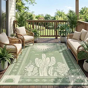 Garvee Waterproof Outdoor Rug 5x8, Cactus Botanical Outdoor Plastic Straw Rug for Camping, Reversible RV Mat Outside, Indoor Outdoor Carpet for Porch, Deck, Backyard, Balcony, Picnic, Sage Green