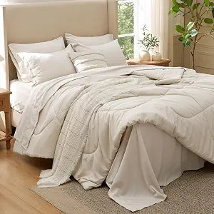 Bedsure 7 Pieces King Comforter Set Premium Series, Hotel Luxury Soft Bed in a Bag, Goose Down Alternative, Safe for Sensitive Skin Bedding Comforter All Season Medium Warmth, Beige Wavy Quilted