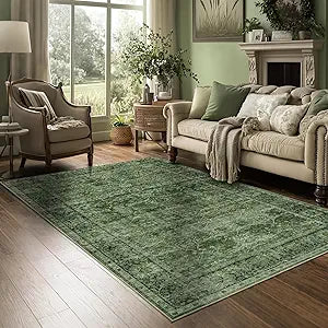 4x6 Washable Area Rug for Living Room Bedroom Dining Room Non-Slip Low Pile Boho Vintage Distressed Entryway Rug Traditional Floral Retro Accent Throw Carpet for Dining Room Bathroom Kitchen Green