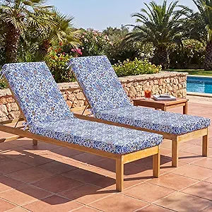 Kigley 72x21 Inch Outdoor Chaise Lounge Chair Cushions Set of 2, Pool Patio Chair Cushions for Outdoor Furniture Waterproof High-Density Foam Pad with Covers Non-Slip Ties Lawn Beach(Retro,Blue)