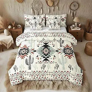 Feelyou Khaki Southwestern Aztec 7 Pieces Bedding Set Kids Geometric Vintage Comforter Set with Sheets Full Size Rustic Western Cactus Bohemian Boho Tribal Bed in a Bag for Women Men Room Decor Soft