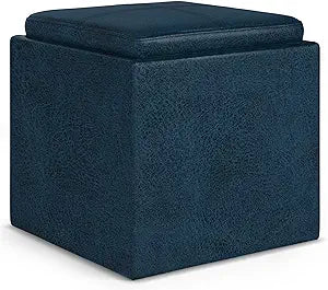 SIMPLIHOME Rockwood Cube Storage Ottoman with Tray - 17" Wide x 17" High Upholstered Vegan Leather Square Storage Ottoman in Distressed Dark Blue, Contemporary Cube Ottoman with Serving Tray
