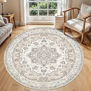 6ft Washable Kitchen Round Rug: Non-Slip Circle Area Rug for Living Room Dining Room Under Table Low Pile Soft Circular Carpet Water Resistant Durable Mat for Newlywed Cozy Home Decor(6ft-Round,Beige)