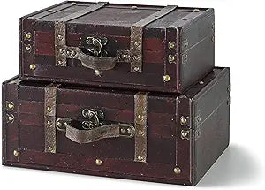 SLPR Wooden Vintage Luggage Trunks - Set of 2, Decorative Antique Suitcase Boxes with Hinged Lids, Old Fashioned Chests for Home and Table Dcor