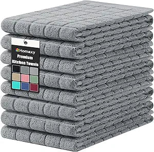 Homaxy Premium Cotton Kitchen Towels 16"x 28", Large Natural Ring Spun 390 GSM Dish Towels, Super Absorbent Terry Kitchen Hand Towels, Soft Tea Towels with Hanging Loop, Pure Grey Design, 8 Pack