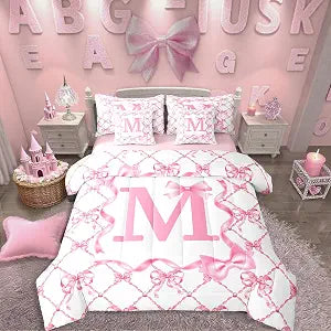 Erosebridal 7Pcs Initial Birthday Gifts-Monogrammed M Coquette Bow Bed in A Bag Twin Size Preppy Bowknot Girls Comforter Set with Sheets Pink Bows Bedding Sets with Letter Design
