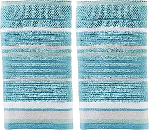 SKL Home Seabrook Stripe 100% Cotton Premium 2-Piece Hand Towel Set, 550 GSM, Soft & Absorbent Jacquard, for Bath & Kitchen, Teal