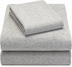 Twin XL Cotton Knit Jersey Sheet Set, 15" Deep Pocket, Light Heather Grey