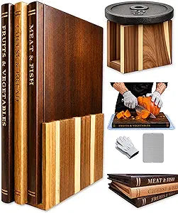 Acacia Wood Book Cutting Board Set with Stand, Wooden Cutting Boards That Look Like Books for Hands-Free Recipe Viewing, Beginner Cooking, Breakfast Prep, Family Meals & Housewarming Gift