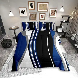 Erosebridal Blue Black Abstract Queen Comforter Set