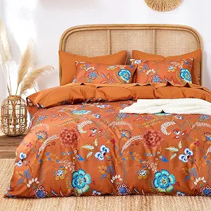 Wake In Cloud - Boho Comforter Set, Floral Shabby Chic Style with Colorful Flowers and Funky Vines Pattern, Soft Lightweight Bedding, 3 Pieces, Burnt Orange, Queen Size
