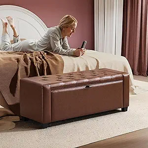 GRAINELL Storage Ottoman Bench, Upholstered Tufted Bedroom Bench with Storage, End of Bed Storage Bench for Living Room & Entryway, 350 lb Capacity, Leather Brown