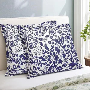 DriftAway Julia Watercolor Quilted Pillow Covers Blooming Flower Floral Printed Decorative Square for Home Sofa Bedroom Bed Decor 26 x 26 Inches 2PC Navy