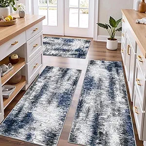 Tritard Upgrade Non Slip Kitchen Rugs Sets of 3 Washable Kitchen Mats for Floor Abstract Kitchen Runner Rug Soft Floor Mat Set Kitchen Carpet Rugs for Hallway, Laundry, Entryway, Office, Blue Grey
