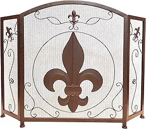 BestGiftEver 3-Panel Fireplace Screen Decorative with Fleur De Lis Design, Classic Dark Brown - Stand Alone Decorative Wrought Iron Mesh French Royal Style Fireplace Cover, Classic Home decor