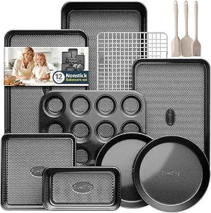 12-Piece Nonstick Bakeware Set, Stackable Non Toxic Baking Pans Set with Rack & Kitchen Utensils, Cookie Sheets Set, Cake Pan, Muffin Pan, Loaf Pan, Roasting Pan, Black