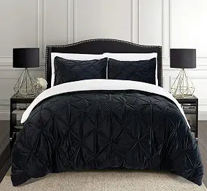 Elegant Comfort 3-Piece Set Pinch Pleated Sherpa Comforter Reversible Down Alternative Luxurious, Breathable, Cozy Fabric, Pinch Pleated Sherpa Comforter, Full, Black Knight