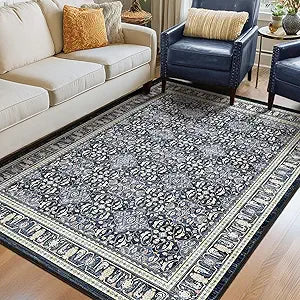 Dark Blue 5x7 Area Rugs for Living Room Bedroom, Transitional Boho Moroccan Floral Trellis Printed, Washable Non Slip Low Pile Ultra Thin Soft Carpet Rugs for Dining Room/Kitchen/Home Office