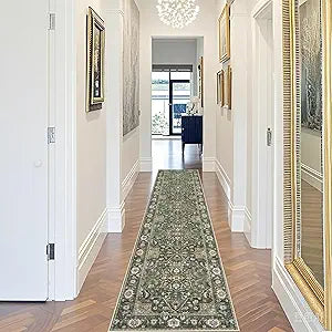 Hallway Washable 2x10 Runner Rug - Kitchen Rugs Non Slip Entryway Rug Runner Vintage Soft Floral Floor Mat Low Pile Indoor Farmhouse Carpet for Bathroom Living Room Bedroom (Green,2x10)