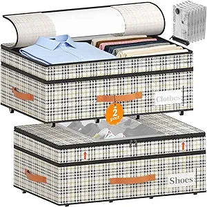 TOSKING 2-Pack Under Bed Storage Drawers with Wheels, 6 Vacuum Bags, Adjustable Height 7.9-10.2", 63L/80 lbs Clear Lid Rolling Bin, 900D Oxford, Space Saver for Dorm Bedroom Clothes Shoes, Houndstooth