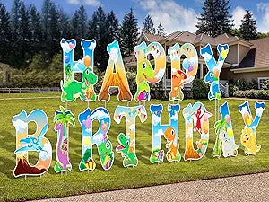 13 Pieces Happy Birthday Yard Sign Dinosaur Birthday Decorations Plastic Large Size Decorative Sign with Stake for Outdoor Garden Lawn