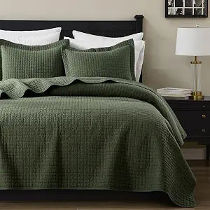 WDCOZY 100% Cotton King Size Quilt Set - Olive Green Box Pick Stitch Soft Lightweight Bedspread, Textured Like Linen, Farmhouse Country Rustic Coverlet, Shabby Chic Gauze Bedding, 3 Pieces