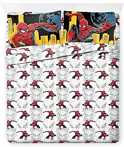Jay Franco Kids Sheet Set with Fitted, Flat Sheets & Pillow Cover - Ultra-Soft Bedding with Pillowcase for Room Decor, White - Spiderman, 4 Piece Queen