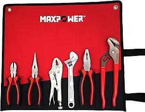 MAXPOWER 6 Pieces Wrench and Pliers Set, Come with Kitbag, Included 8" Long Nose and Lineman's Plier, 8" Adjustable Wrench, 6" Diagonal Cutter, 7" Locking Pliers, 10" Groove Joint Plier