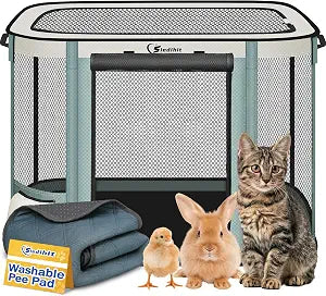 Siedihit Dog Cat Playpen Crate with Washable Pee Pad, Reinforced Durable Dog Cage, Portable Foldable Pet Kennel with Breathable Visibility (Grey with Pad, Small)