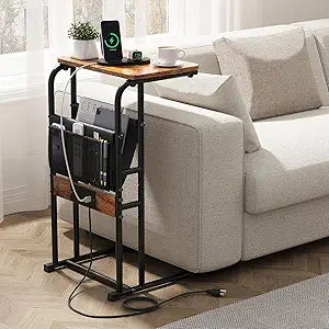 Olldide C-Shaped End Table with Charging Station and Storage Bag, Slide Under Couch Sofa Side Table, Metal Frame for Living Room, Bedroom, Small Space (Rustic Brown)