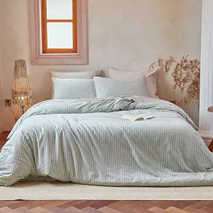 QKTE Striped 100% Washed Cotton Duvet Cover Set Queen Size 3Pcs(1 Comforter Cover&2 Pillowcases), Natural Cotton Bedding Set Soft Breathable Farmhouse Zipper Closure All Seasons(Green-White,Queen)
