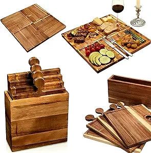 Acacia Wood Charcuterie Boards, Set of 4, Interlocking Serving Tray with Storage Box, Party Appetizer Tray with Handles, Ideal Wine Gifts & Accessories