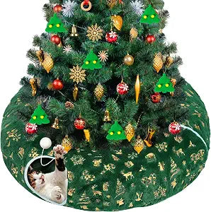 Cat Tunnel Christmas Tree Skirt - Green & Golden Cat Donut Bed, Christmas Tree Protector from Cats, Xmas Cat Gifts Accessories