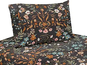 Sweet Jojo Designs 4-Piece King Sheet Set (Boho Wildflower Vintage Floral) for Girls, Teen/Kids, Adult Bed Sheets incl. Fitted and Flat Sheets & Pillow Cases (Black, Orange, Botanical Garden Bohemian)