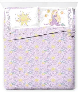 Jay Franco Kids Sheet Set with Fitted, Flat Sheets & Pillow Cover - Ultra-Soft Bedding with Pillowcase for Room Decor, Purple - Disney Princess Rapunzel, 4 Piece Queen