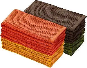 COTTON CRAFT Amazing Kitchen Towels - Set of 12 Terry Towels - 100% Cotton Euro Caf Waffle Weave Dish Towel - Soft Absorbent Quick Dry Reusable Cleaning Cloth - 16x28 - Harvest Rust Green Gold Brown
