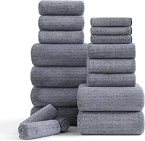 Ycosy 18 Piece Bath Towels Set,100% Microfiber Family Bathroom Towel with Hanging Loops-6 Bath Towels,6 Hand Towels,6 Washcloths,Quick Dry Highly Absorbent Shower Towel for Bathroom,Hotel,Spa-Navy