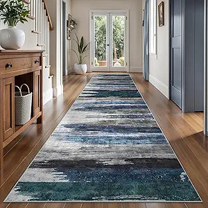 Ciicool 2'6''x14' Washable Runner Rug, Modern Abstract Hallway Rugs Runner, Non-Slip Thin Accent Rug Lightweight Navy Grey Print Distressed Carpet for Laundry Entryway Bedroom Kitchen Indoor