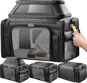 Top-Expandable Pet Carrier with Treat & Pet Window,17x11x9.5 Inch Alaska Hawaiian Airline Approved,Soft-Sided Dog Carrier for Small Dogs and Cats,Travel Cat Carrier with Locking Safety Zippers,Black