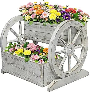 2 Tier Classic Wooden Wagon Planter Box|Outdoor Planter/Flower Pot for Indoor&Outdoor Plants-Rustic Garden Planter for Patio,Porch&Garden Decor- Raised Garden Bed for Succulents,Herbs,Vegetables