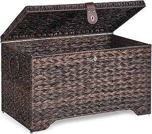 Honjourai Handwoven Storage Basket with Lid, 165L Plastic Rattan Storage Bin, Leather Buckle & Metal Frame, Large Metal Ring Handles, Storage Trunk for Bedroom, Laundry Room
