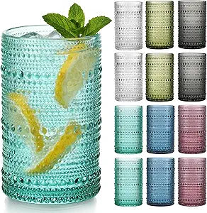 Moretoes Vintage Drinking Glasses Set of 12,12 Oz Colored Hobnail Drinking Glasses Water Glass Cups Kitchen Bar Tumbler Glassware Set for Whiskey, Beer, Juice, Milk and Various Mixed Drinks