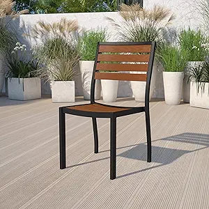 Flash Furniture Lark Outdoor Stackable Side Chair with Faux Teak Poly Slats