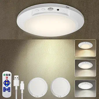 Motion Sensor Ceiling Light Battery Operated with Remote, 2 Pack Wireless Rechargeable Ceiling Lights Indoor, 3CCT Dimmable Closet Night Light for Shower Stairs Shed Hallway Porch RV and Tent
